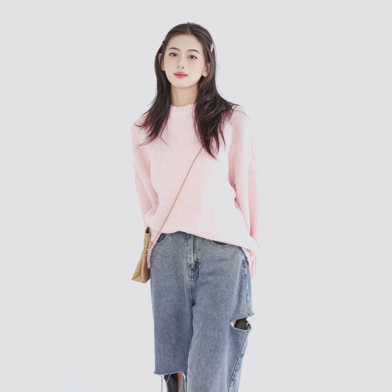 Pink long-sleeved round neck loose thick knitted pullover sweater