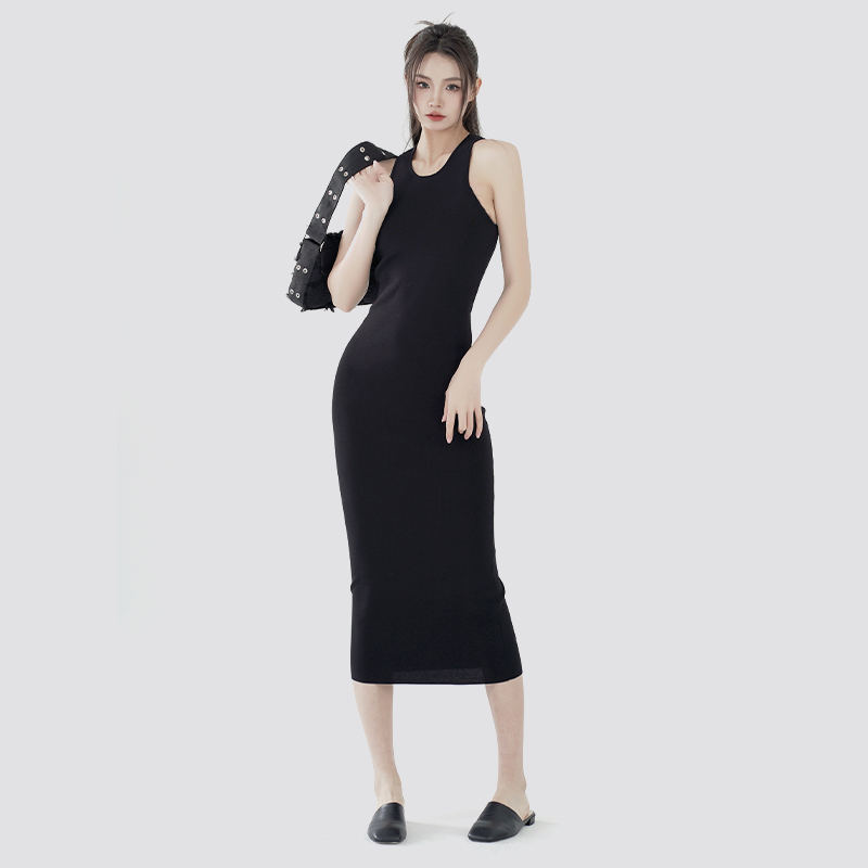 Black casual slim fit sleeveless knitted sweater dress