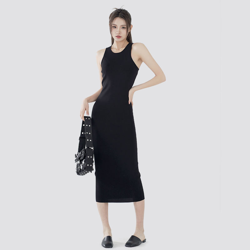 Black casual slim fit sleeveless knitted sweater dress