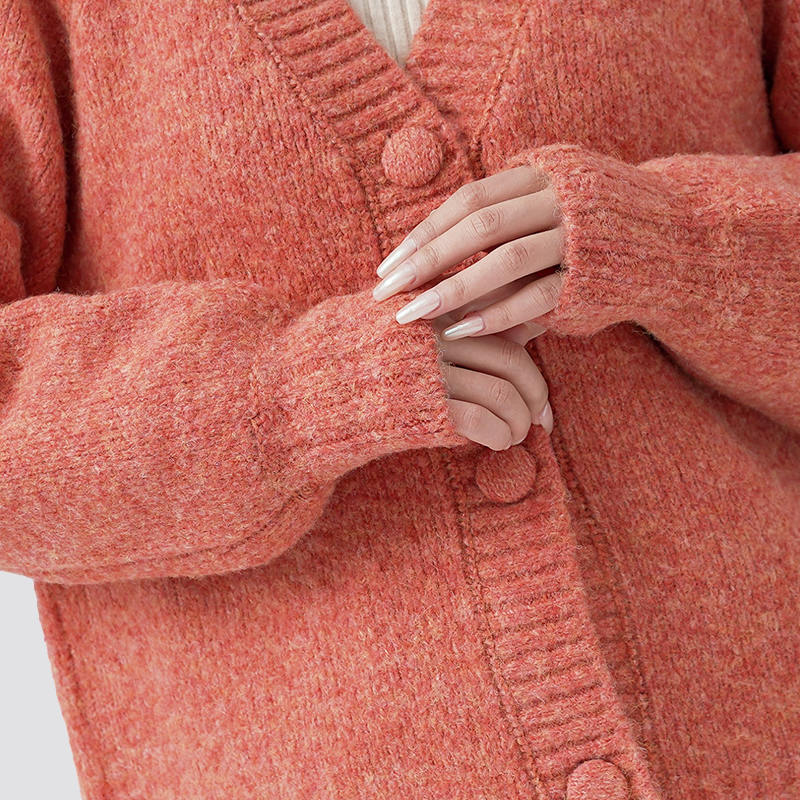 Orange V-neck buttoned casual long-sleeved knitted cardigan