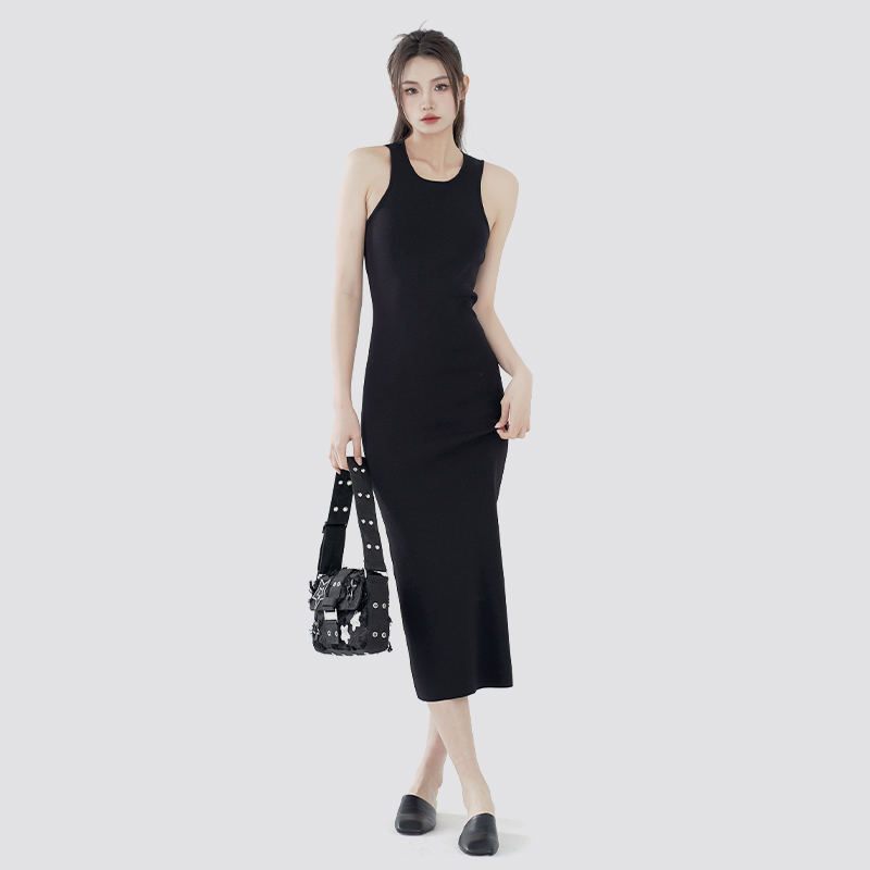 Black casual slim fit sleeveless knitted sweater dress