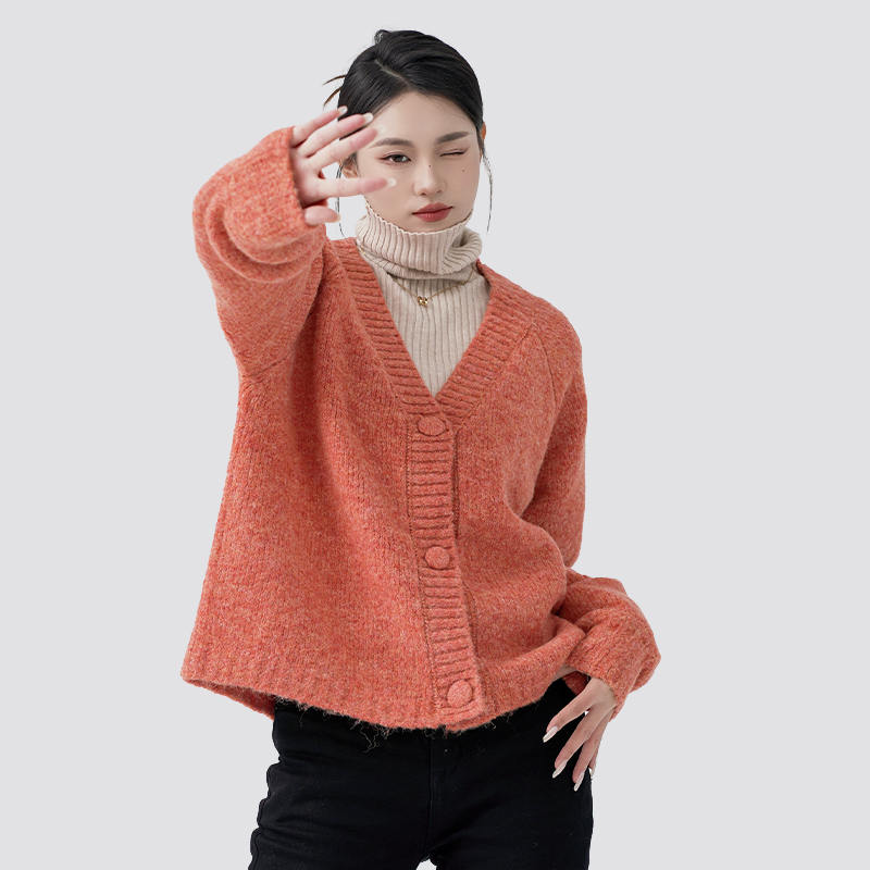 Orange V-neck buttoned casual long-sleeved knitted cardigan