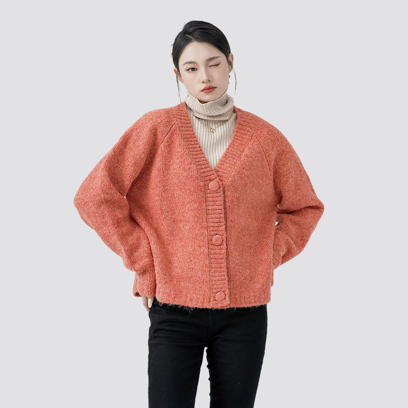 Orange V-neck buttoned casual long-sleeved knitted cardigan