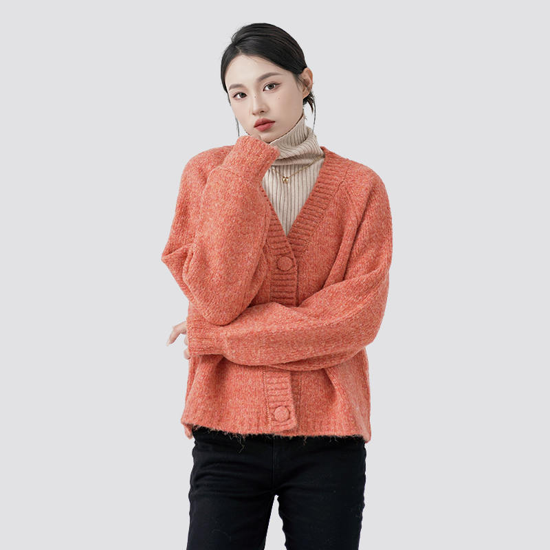 Orange V-neck buttoned casual long-sleeved knitted cardigan