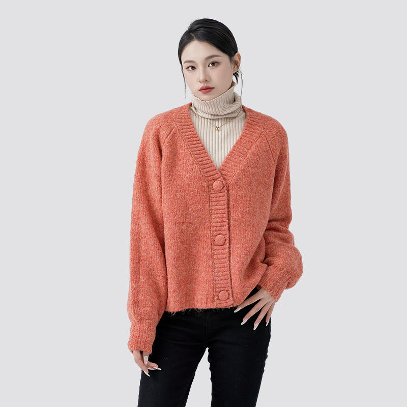 Orange V-neck buttoned casual long-sleeved knitted cardigan