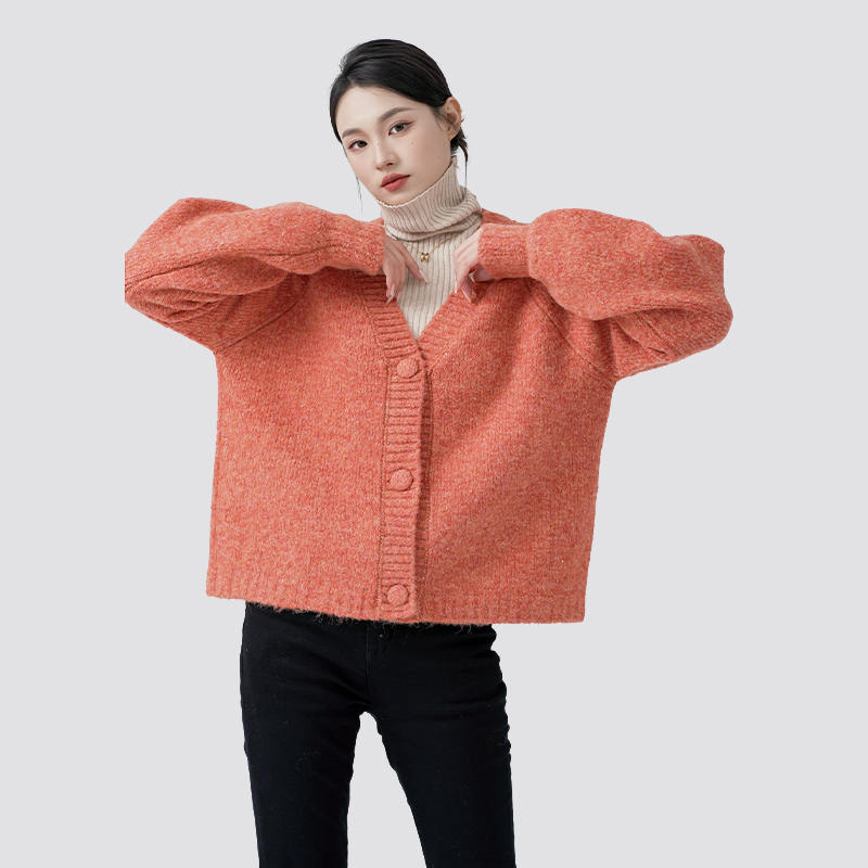 Orange V-neck buttoned casual long-sleeved knitted cardigan