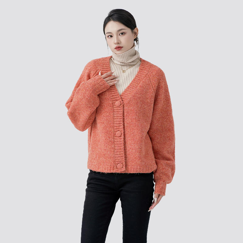 Orange V-neck buttoned casual long-sleeved knitted cardigan