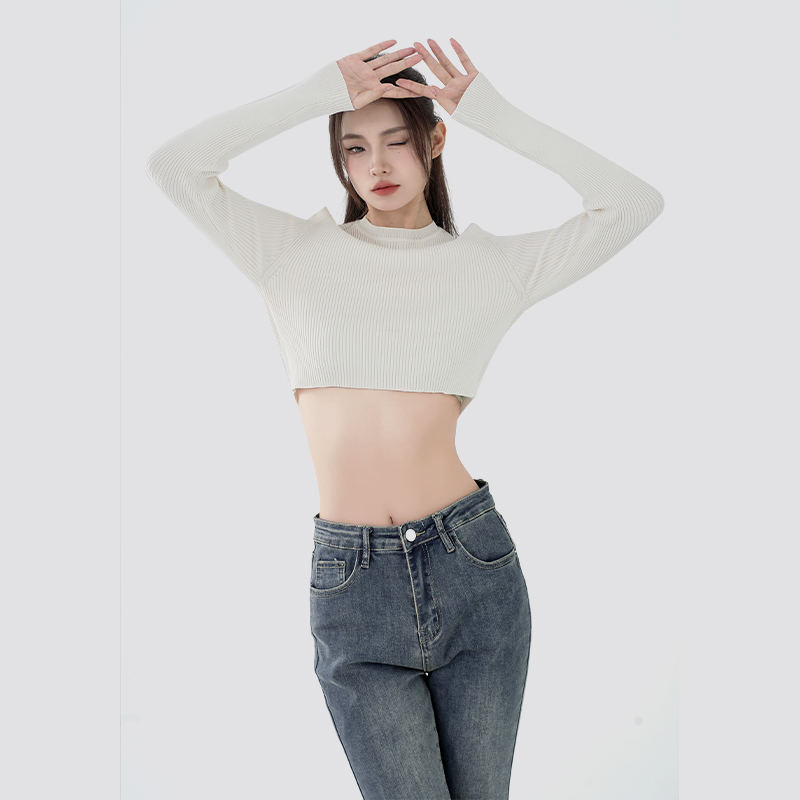 Women off white slim fit Knitted Pullover Cropped Sweaters