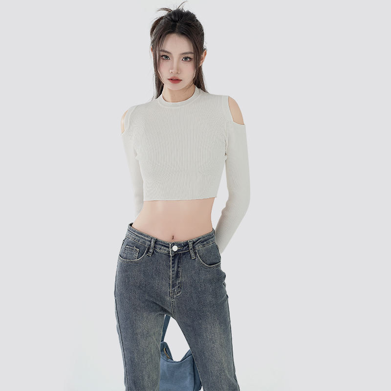 Women off white slim fit Knitted Pullover Cropped Sweaters