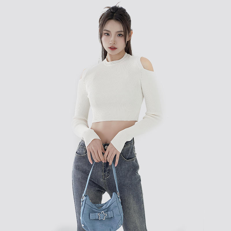 Women off white slim fit Knitted Pullover Cropped Sweaters