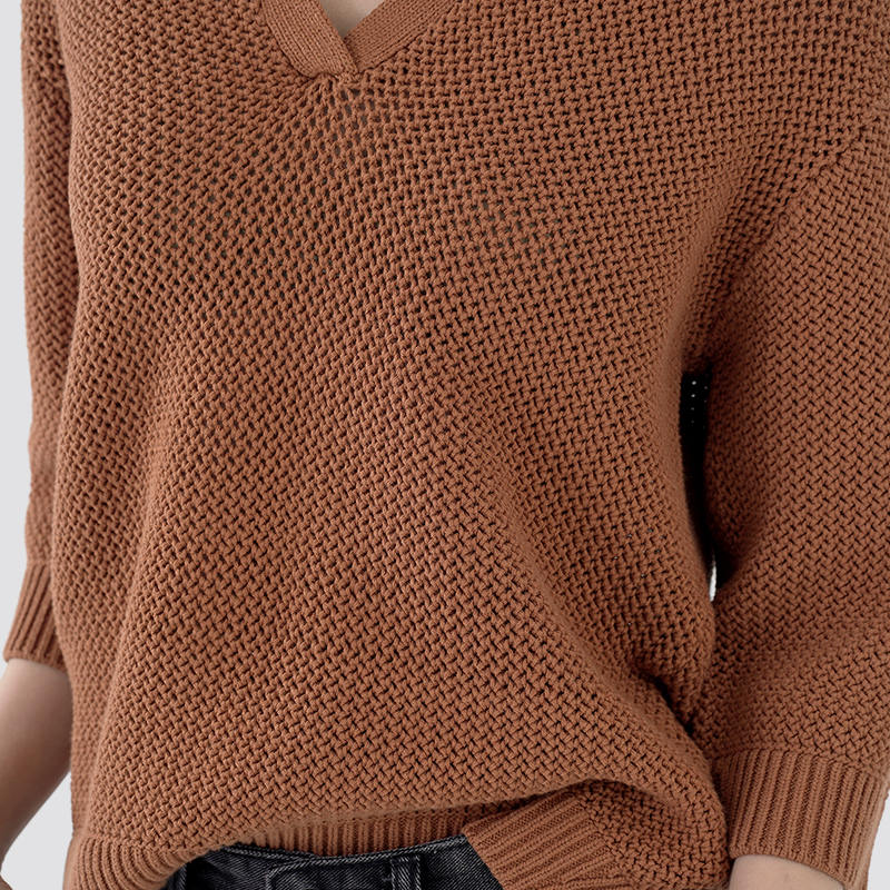 Women's Dark Khaki 3/4 Sleeve V Neck Knitted Sweaters