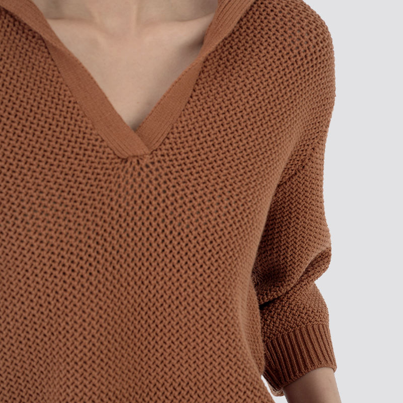 Women's Dark Khaki 3/4 Sleeve V Neck Knitted Sweaters