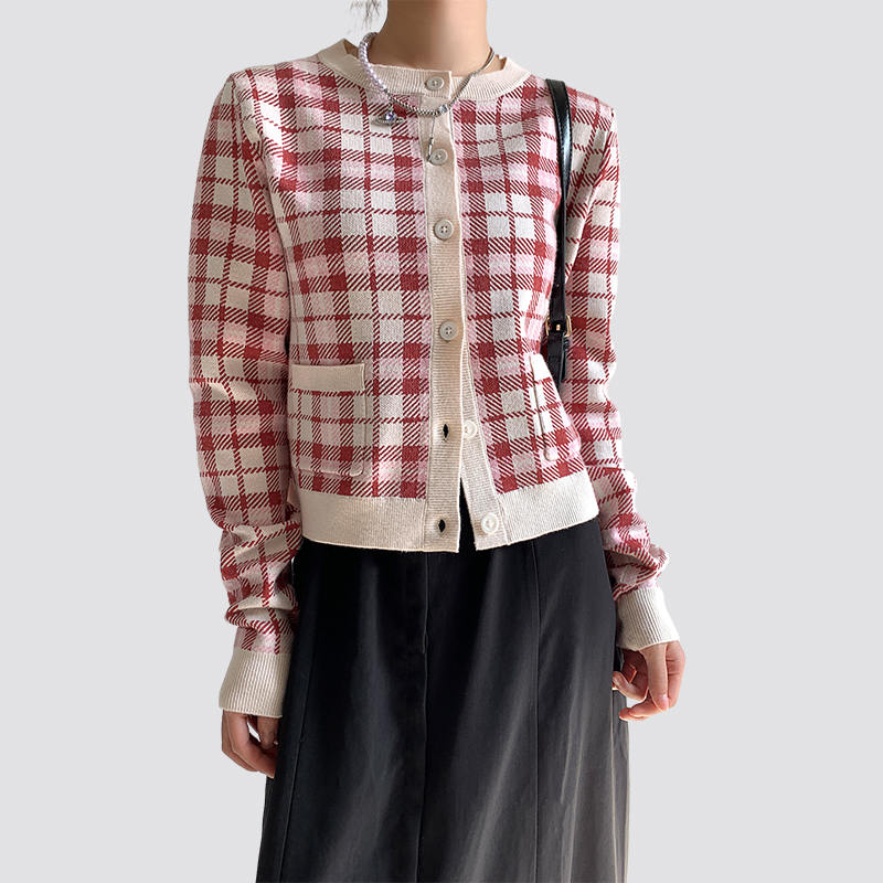 Women's Button Down Long Sleeve Cropped plaid Cardigan Sweaters