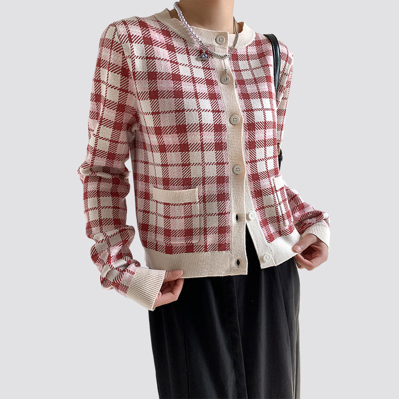 Women's Button Down Long Sleeve Cropped plaid Cardigan Sweaters