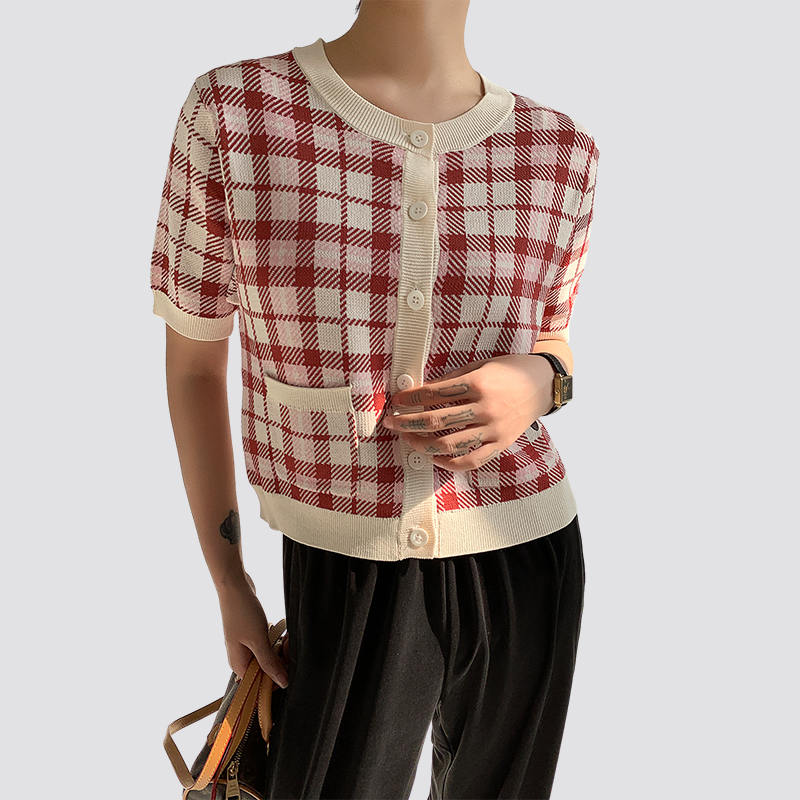 women's short sleeve red and white plaid knitted cardigan