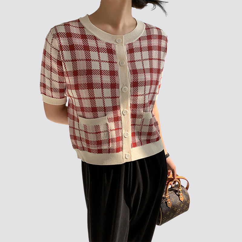 women's short sleeve red and white plaid knitted cardigan