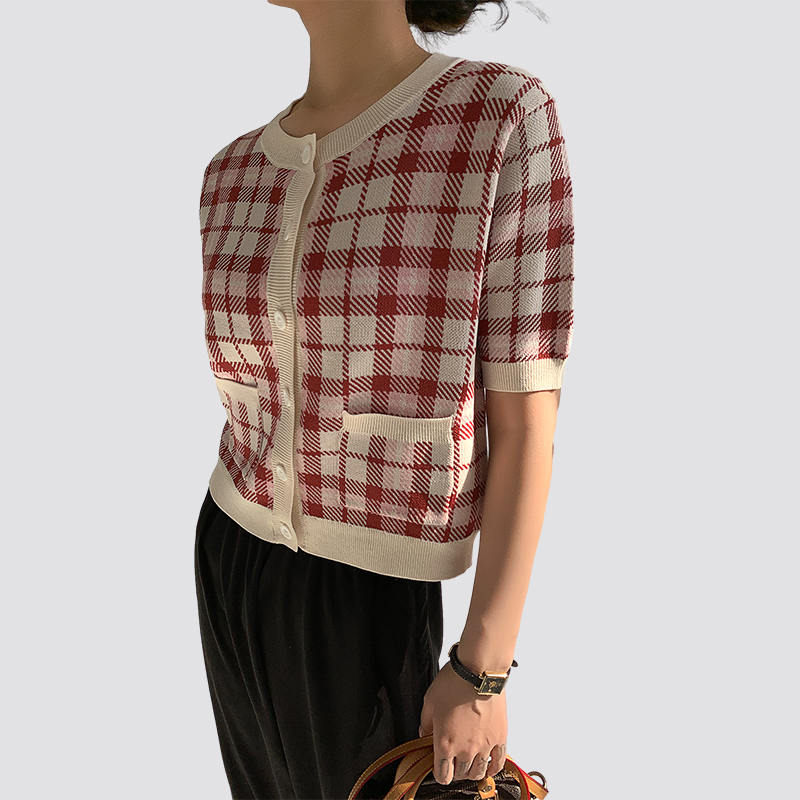 women's short sleeve red and white plaid knitted cardigan