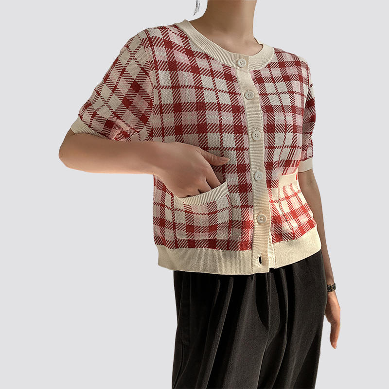 women's short sleeve red and white plaid knitted cardigan