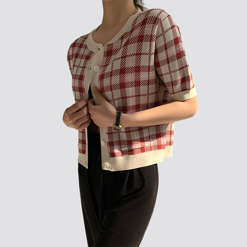 women's short sleeve red and white plaid knitted cardigan