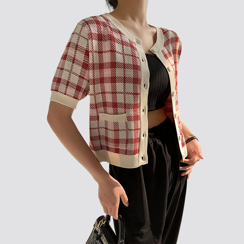 women's short sleeve red and white plaid knitted cardigan