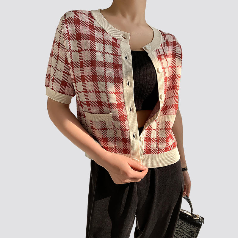 women's short sleeve red and white plaid knitted cardigan