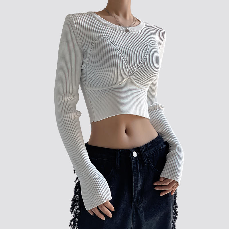 Women Long Sleeve White Crop Top Tight Knitted Sweater