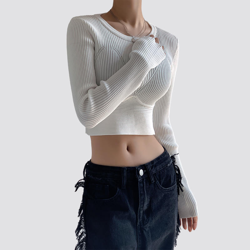 Women Long Sleeve White Crop Top Tight Knitted Sweater