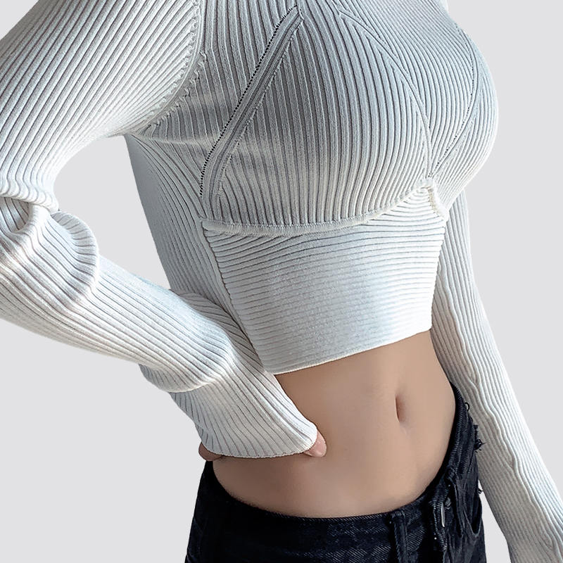 Women Long Sleeve White Crop Top Tight Knitted Sweater