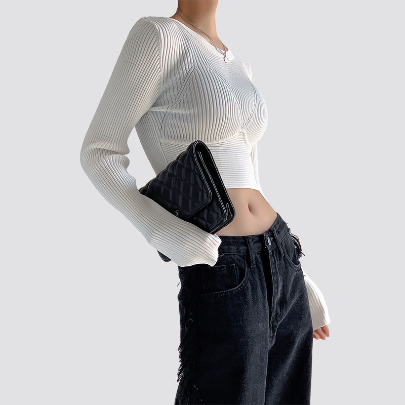 Women Long Sleeve White Crop Top Tight Knitted Sweater