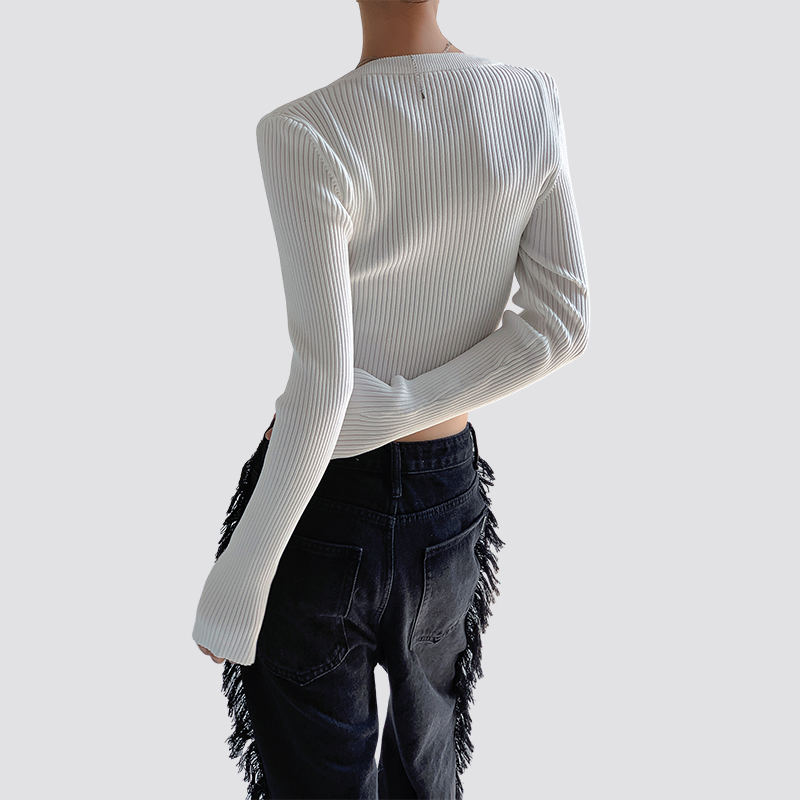 Women Long Sleeve White Crop Top Tight Knitted Sweater