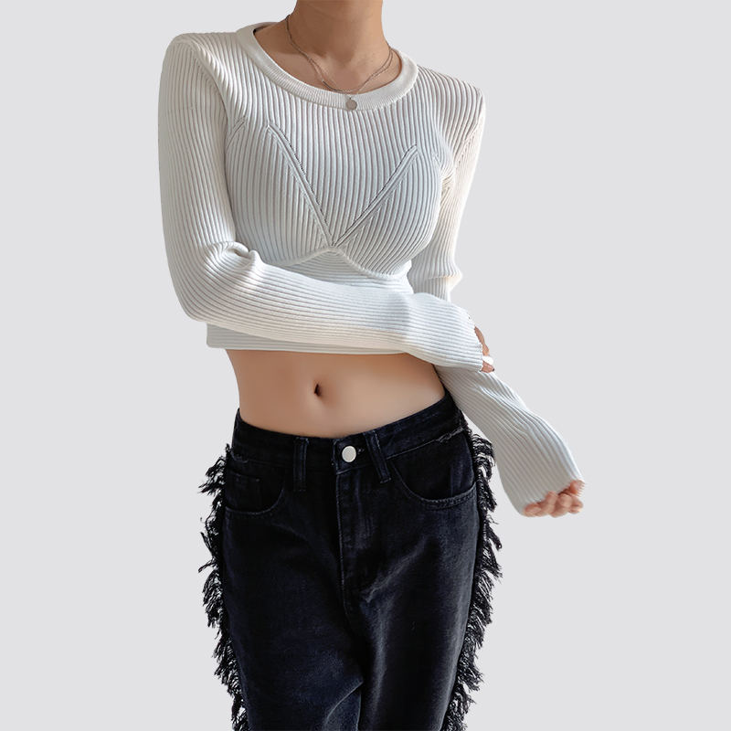 Women Long Sleeve White Crop Top Tight Knitted Sweater