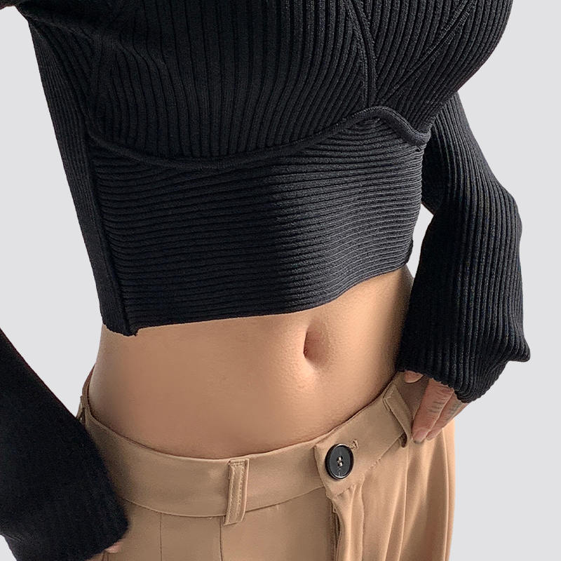 Ladies Solid Color Round Neck tight Navel Exposed Long Sleeve Knitted Pullover