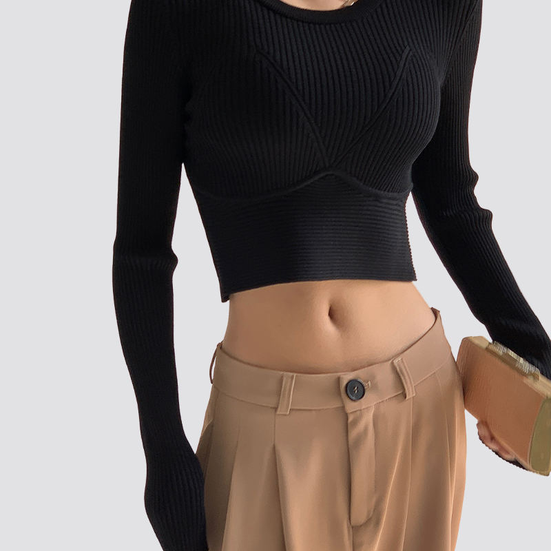 Ladies Solid Color Round Neck tight Navel Exposed Long Sleeve Knitted Pullover