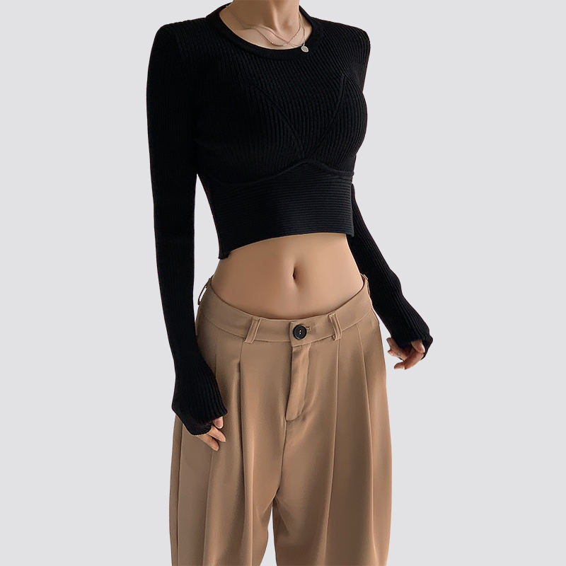 Ladies Solid Color Round Neck tight Navel Exposed Long Sleeve Knitted Pullover