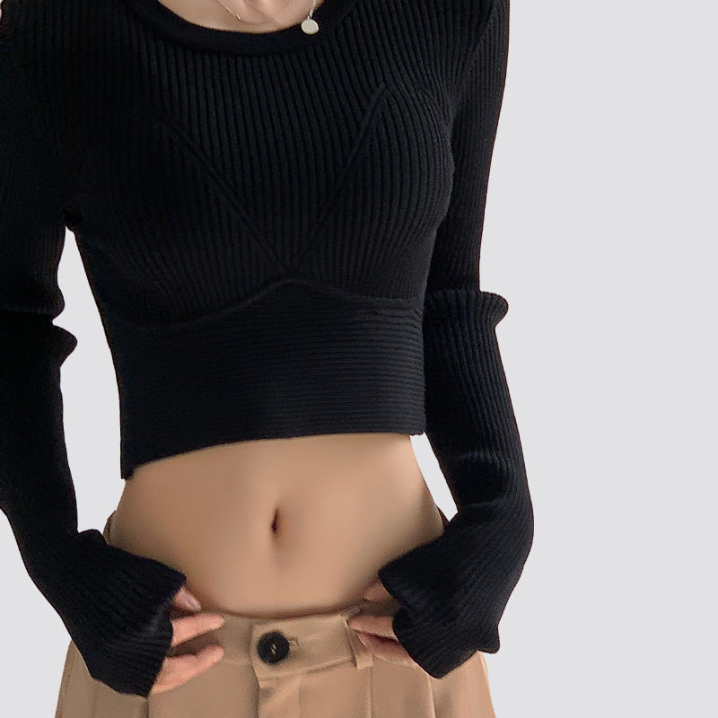 Ladies Solid Color Round Neck tight Navel Exposed Long Sleeve Knitted Pullover