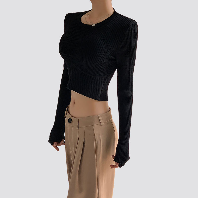 Ladies Solid Color Round Neck tight Navel Exposed Long Sleeve Knitted Pullover