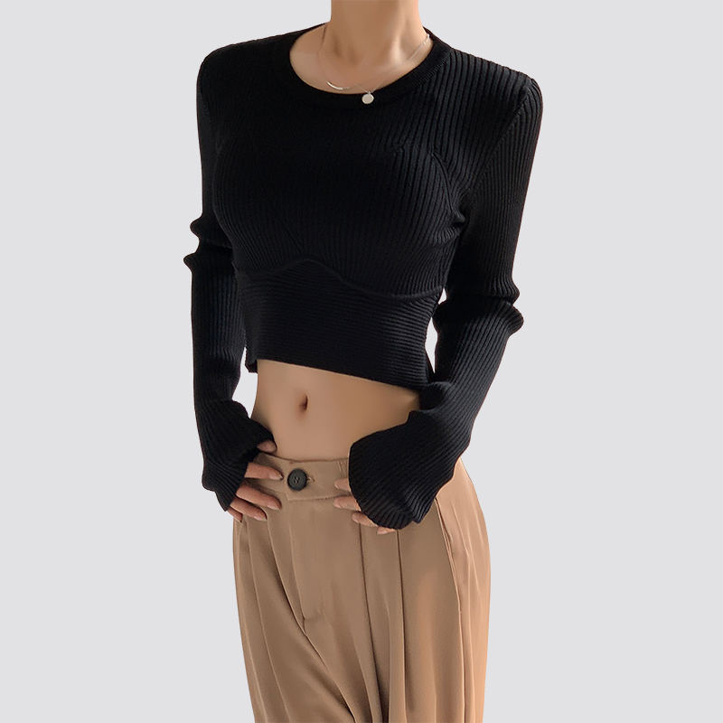 Ladies Solid Color Round Neck tight Navel Exposed Long Sleeve Knitted Pullover