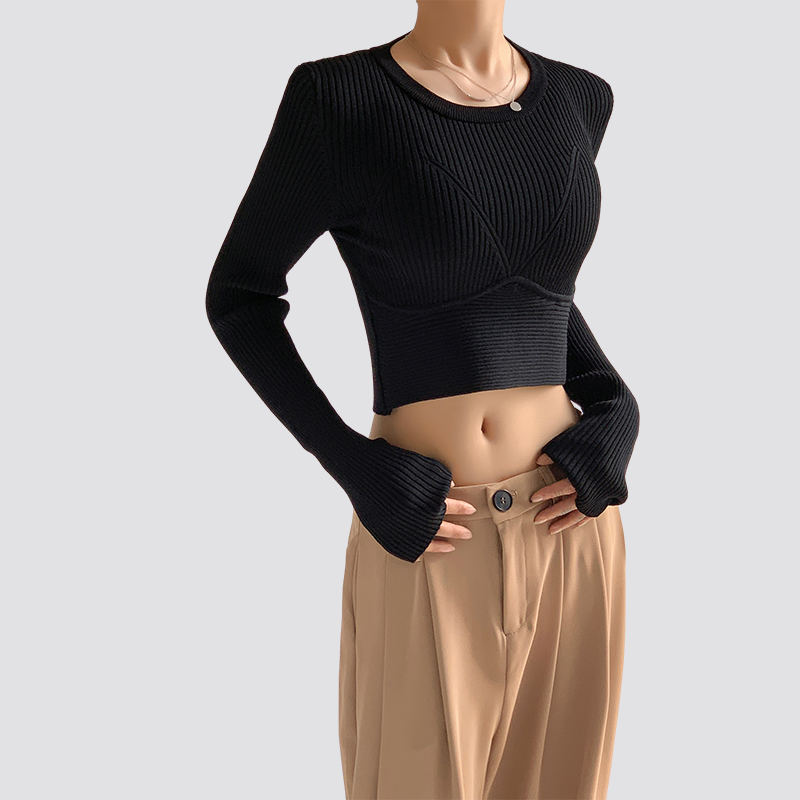 Ladies Solid Color Round Neck tight Navel Exposed Long Sleeve Knitted Pullover