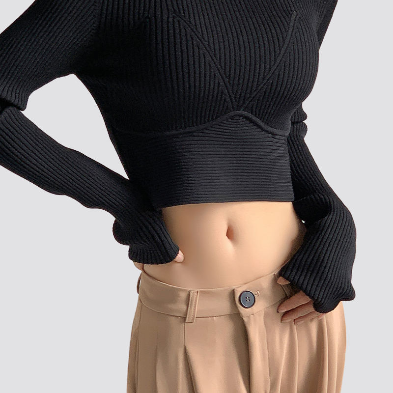 Ladies Solid Color Round Neck tight Navel Exposed Long Sleeve Knitted Pullover