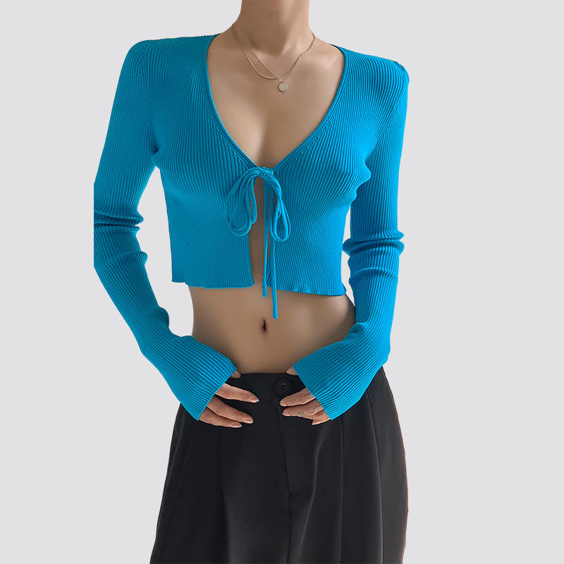 Women's Sexy Tie Front Long Sleeve Cropped Blue Knitted Top