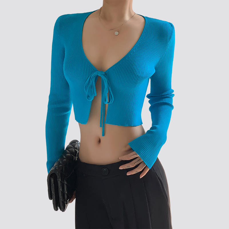 Women's Sexy Tie Front Long Sleeve Cropped Blue Knitted Top