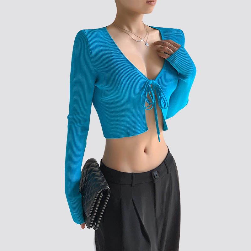 Women's Sexy Tie Front Long Sleeve Cropped Blue Knitted Top