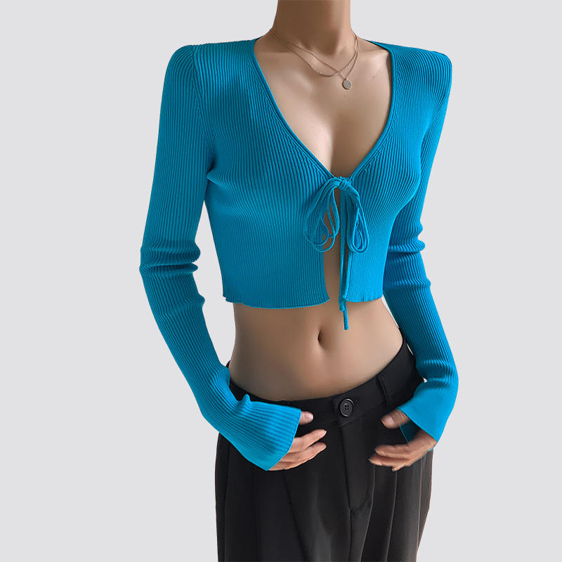 Women's Sexy Tie Front Long Sleeve Cropped Blue Knitted Top