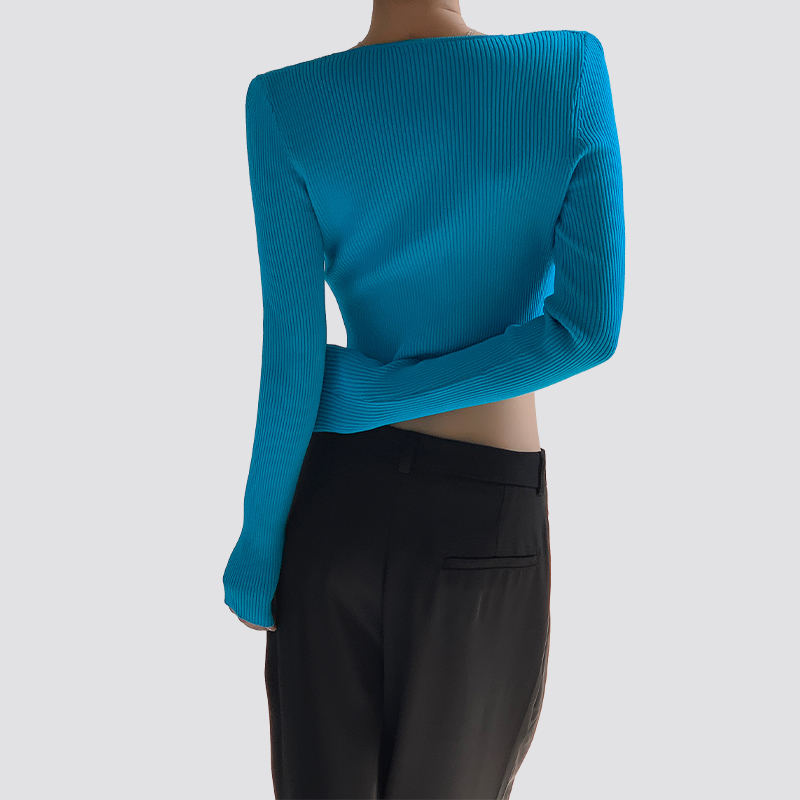 Women's Sexy Tie Front Long Sleeve Cropped Blue Knitted Top