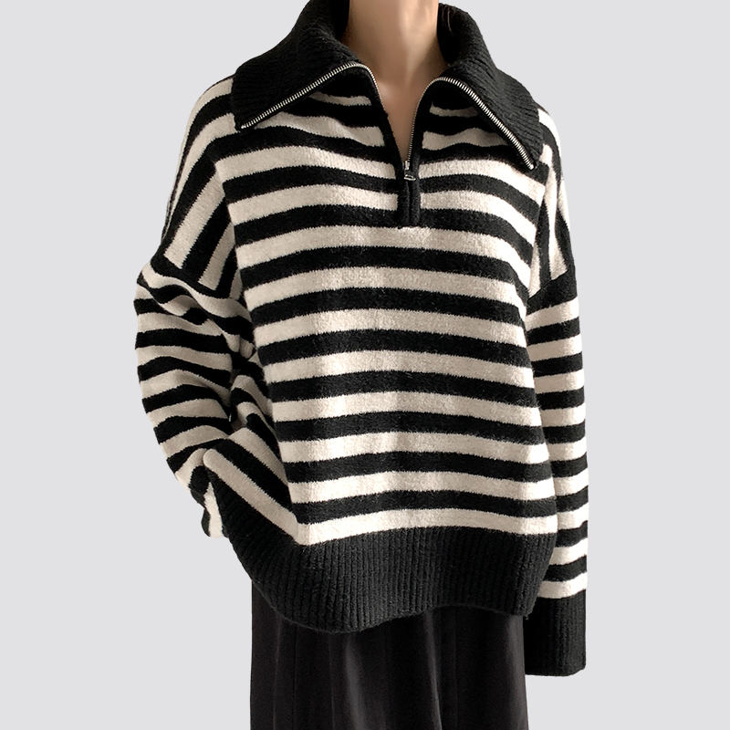 Ladies Black and White Striped Autumn Long Sleeve Knitted Sweater