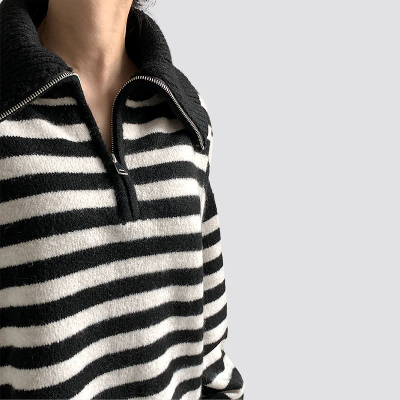 Ladies Black and White Striped Autumn Long Sleeve Knitted Sweater