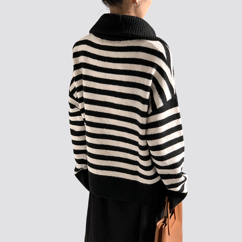 Ladies Black and White Striped Autumn Long Sleeve Knitted Sweater