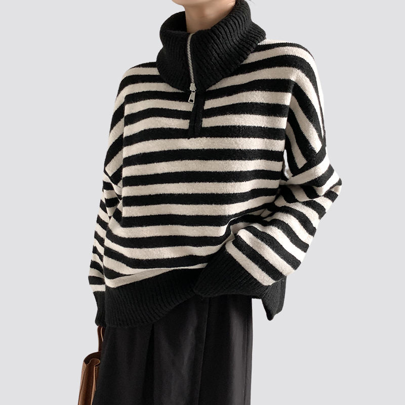 Ladies Black and White Striped Autumn Long Sleeve Knitted Sweater