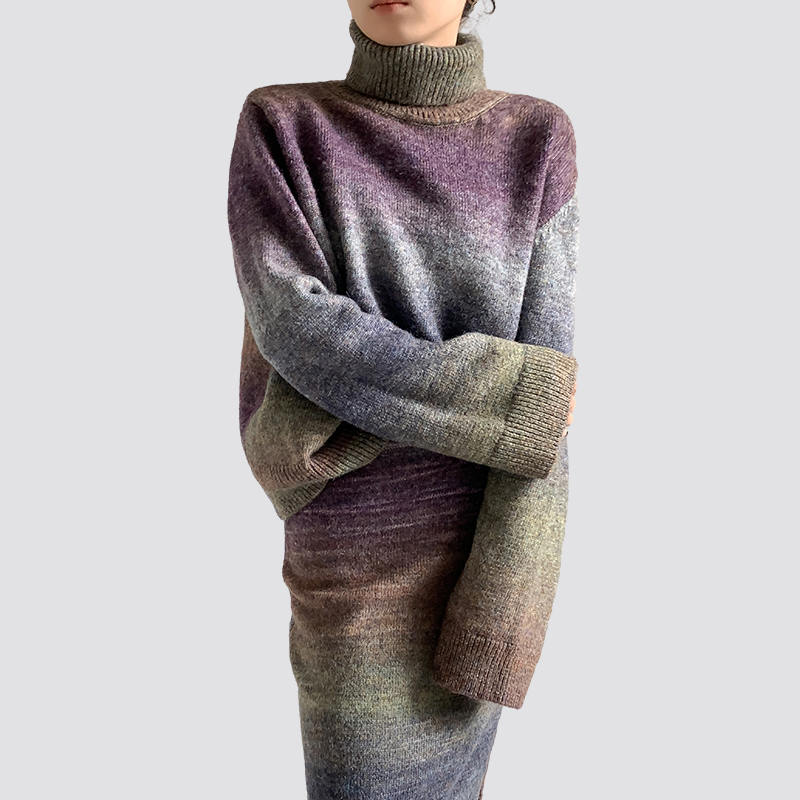 Gradient purple turtleneck sweater long skirt suit two-piece set