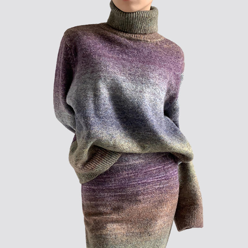 Gradient purple turtleneck sweater long skirt suit two-piece set